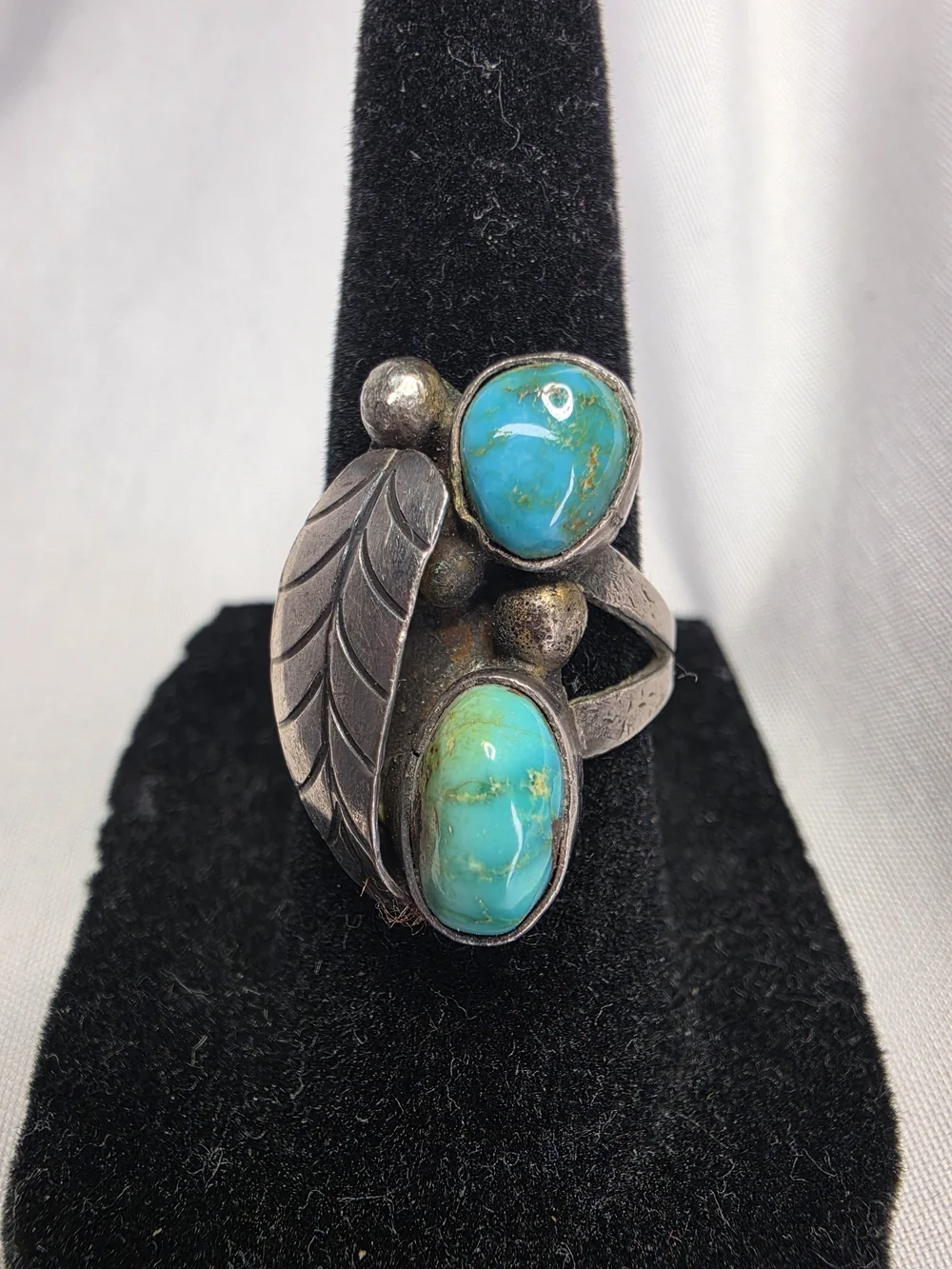 Vintage Navajo- Style double-stone turquoise & sterling silver statement Ring
